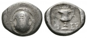 Boeotia, Thebes, c. 425-375 BC, Hemidrachm, 2.46g, 13mm. Boeotian shield / Kantharos; above, club right; all within incuse square. BCD Boiotia 408; HG...