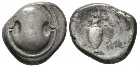 Boeotia, Thebes, c. 395-338 BC, Stater,. Charo-, magistrate, c. 379-368 BC, 11.76g, 22mm. Boeotian shield / Amphora; laurel wreath above, XA-RO across...