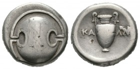 Boeotia, Thebes, c. 363-338 BC, Stater, Kalli–, magistrate, 11.93g, 20mm. Boeotian shield / Amphora; KA-ΛΛ[Ι] across field; all within concave circle....