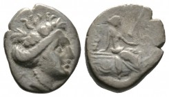 Euboia, Histiaia, 3rd-2nd centuries BC, Tetrobol, 2.22g, 13mm. Wreathed head of the nymph Histiaia right / Nymph seated right on stern of galley; wing...