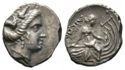 Euboia, Histiaia, 3rd-2nd centuries BC, Tetrobol, 2.10g, 13mm. Wreathed head of the nymph Histiaia right / Nymph seated right on stern of galley; wing...