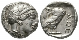 Attica, Athens, c. 454-404 BC, Tetradrachm, 17.13g, 24mm. Helmeted head of Athena right, with frontal eye / Owl standing right, head facing; olive spr...