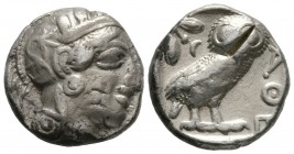 Attica, Athens, c. 454-404 BC, Tetradrachm, 17.11g, 24mm. Helmeted head of Athena right, with frontal eye / Owl standing right, head facing; olive spr...