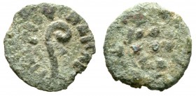 Judaea, Pontius Pilate, 26-36 CE, Prutah,, in the name of Tiberius, Jerusalem, 1.30g, 13mm. Lituus / [date] within wreath. Cf. RPC I 4968. Fair.
