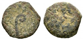 Judaea, Pontius Pilate, 26-36 CE, Prutah,, in the name of Tiberius, Jerusalem, 2.35g, 15mm. Lituus / [date] within wreath. Cf. RPC I 4968. Fair.