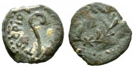 Judaea, Pontius Pilate, 26-36 CE, Prutah,, in the name of Tiberius, Jerusalem, 1.78g, 14mm. Lituus / [date] within wreath. Cf. RPC I 4968. Fair.