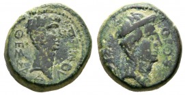 Octavian and Divus Julius Caesar (c. 28-27 BC), Macedon, Thessalonica, Æ, 12.39g, 21mm. Bare head of Octavian right / Laureate head of Divus Julius ri...