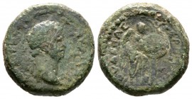 Titus (Caesar, 69-79), Judaea, Caesarea Maritima, Æ, Judaea Capta, c. 71-3 CE, 10.59g, 20mm. Laureate head right / Nike-Victory standing right, with f...