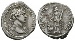 Trajan (98-117), Arabia, Bostra, Tridrachm, AD 111, 11.21g, 25mm. Laureate bust right, with aegis on left shoulder / Arabia standing left, holding bra...