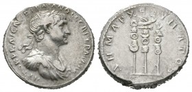 Trajan (98-117), Arabia, Bostra, Tridrachm, 112-4, 10.26g, 24mm. Laureate, draped and cuirassed bust right / Aquila between two signa, that to the lef...
