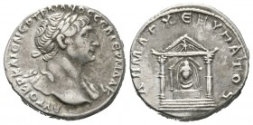 Trajan (98-117), Arabia, Bostra, Tridrachm, 112-4, 10.27g, 23mm. Laureate bust right, slight drapery / Distyle temple with eagle in pediment; cult ima...