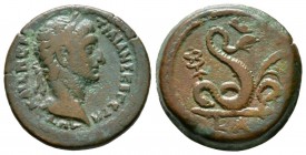 Trajan (98-117), Egypt, Alexandria, Diobol, regnal year 1 (AD 98), 10.63g, 24mm. Laureate head right / Agathodaimon standing right between caduceus an...