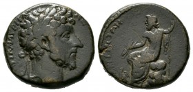 Lucius Verus (161-169), Cyrrhestica, Cyrrhus, Æ, 11.14g, 22mm. Laureate head right / Zeus seated left on throne, holding thunderbolt and sceptre; eagl...