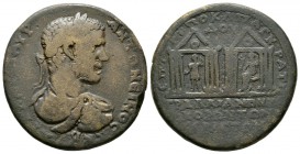 Caracalla (198-217), Lydia, Tralles, Æ, Po. Cl. Pankratides, grammateus, 25.25g, 35mm. Laureate, draped and cuirassed bust right / Pair of hexastyle t...