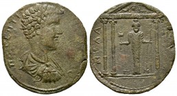 Geta (Caesar, 198-209), Caria, Mylasa, Æ Medallion, 22.45g, 37mm. Bareheaded, draped and cuirassed bust right / Tetrastyle temple, with pellet in pedi...