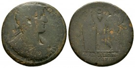 Elagabalus (218-222), Lydia, Sardeis, Æ, Sal. Claudianus magistrate, 18.02g, 34mm. Laureate, draped and cuirassed bust right / Cult image of Kore faci...