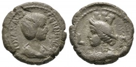 Julia Maesa (Augusta, 218-224/5), Egypt, Alexandria, Tetradrachm, year 3 of Elagabalus (219/20). Draped bust right / Head of Alexandria left, wearing ...