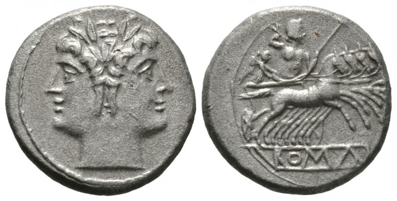 Roman Republic, Anonymous, Quadrigatus, Rome, c. 225-212 BC, 5.59g, 19mm. Laurea...