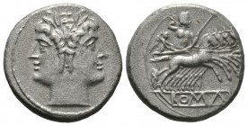 Roman Republic, Anonymous, Quadrigatus, Rome, c. 225-212 BC, 5.59g, 19mm. Laureate head of Janus / Jupiter, holding sceptre and thunderbolt, in quadri...
