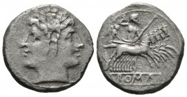 Roman Republic, Anonymous, Quadrigatus, Rome, c. 225-212 BC, 6.09g, 20mm. Laureate head of Janus / Jupiter, holding sceptre and thunderbolt, in quadri...