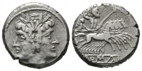 Roman Republic, Anonymous, Quadrigatus, Rome, c. 225-212 BC, 5.63g, 18mm. Laureate head of Janus / Jupiter, holding sceptre and thunderbolt, in quadri...