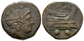 Roman Republic, Anonymous, Sextans, Rome, c. 217-215 BC, 25.73g, 30mm. Head of Mercury right, wearing winged petasus / Prow of galley right. Cr. 38/5....