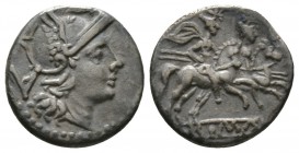 Roman Republic, Anonymous, Quinarius, Rome, 211-208 BC, 2.00g, 13mm. Helmeted head of Roma right / Dioscuri on horseback riding right. Cr. 44/6; RSC 3...