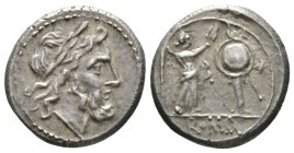 Roman Republic, Anonymous, Victoriatus, Rome, after 211 BC, 3.32g, 16mm. Laureate head of Jupiter right / Victory standing right, crowning trophy. Cr....