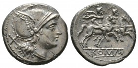 Roman Republic, Anonymous, Denarius, Rome, after 211 BC, 3.95g, 18mm. Helmeted head of Roma right / The Dioscuri on horseback riding right, each holdi...