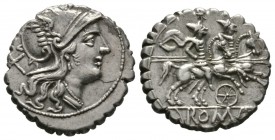 Roman Republic, Wheel series, Serrate Denarius, Sicily(?), 209-208 BC, 4.20g, 18mm. Helmeted head of Roma right / The Dioscuri, each holding spear, on...