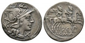 Roman Republic, L. Cupiennius, Denarius, Rome, 147 BC, 3.83g, 18mm. Helmeted head of Roma right; cornucopia to left / Dioscuri on horseback riding rig...