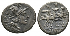 Roman Republic, L. Julius, Denarius, Rome, 141 BC, 3.65g, 18mm. Helmeted head of Roma right / Dioscuri on horseback riding right. Cr. 224/1; RSC Julia...