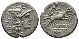 Roman Republic, C. Titinius, Denarius, Rome, 141 BC, 3.66g, 17mm. Helmeted head of Roma right / Victory driving biga right. Cr. 226/1a; RSC Titinia 7....