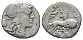 Roman Republic, Sex. Pompeius Fostlus, Denarius, Rome, 137 BC, 3.76g, 17mm. Helmeted head of Roma r.; capis to l. R/ She-wolf standing r., head l., su...