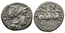 Roman Republic, Cn. Lucretius Trio, Denarius, Rome, 136 BC, 3.87g, 17mm. Helmeted head of Roma right / Dioscuri on horseback riding right. Cr. 237/1a;...