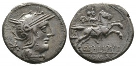 Roman Republic, Q. Philippus, Denarius, Rome, 129 BC, 3.81g, 17mm. Helmeted head of Roma right / Macedonian horseman riding right; Macedonian helmet t...