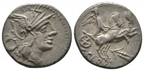 Roman Republic, T. Cloelius, Denarius, Rome, 128 BC, 3.76g, 18mm. Helmeted head of Roma right; wreath to left / Victory driving rearing biga right, ho...