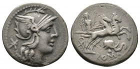 Roman Republic, L. Caecilius Metellus Diadematus, Denarius, Rome, 128 BC, 3.60g, 17mm. Helmeted head of Roma right / Pax driving galloping biga right,...
