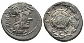 Roman Republic, M. Caecilius Q.f. Q.n. Metellus, Denarius, Rome, 127 BC, 3.86g, 17mm. Helmeted head of Roma right, star on flap / Macedonian shield wi...