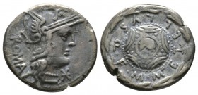 Roman Republic, M. Caecilius Q.f. Q.n. Metellus, Denarius, Rome, 127 BC, 2.91g, 17mm. Helmeted head of Roma right, star on flap / Macedonian shield wi...