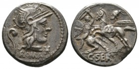 Roman Republic, C. Servilius Vatia, Denarius, Rome, 127 BC, 3.77g, 17mm. Helmeted head of Roma right, star on neckpiece of helmet; lituus to left / Ho...
