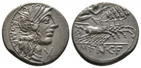 Roman Republic, M. Fannius C.f., Denarius, Rome, 123 BC, 3.97g, 17mm. Helmeted head of Roma right / Victory driving galloping quadriga right, holding ...