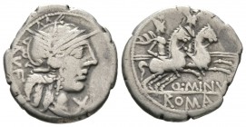 Roman Republic, Q. Minucius Rufus, Denarius, Rome, 122 BC, 3.73g, 19mm. Helmeted head of Roma right / Dioscuri on horseback riding right. Cr. 277/1; R...