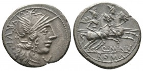 Roman Republic, Q. Minucius Rufus, Denarius, Rome, 122 BC, 3.83g, 19mm. Helmeted head of Roma right / Dioscuri on horseback riding right. Cr. 277/1; R...