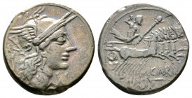 Roman Republic, Cn. Carbo, Denarius, Rome, 121 BC, 3.79g, 17mm. Helmeted head of Roma right, curl on left shoulder / Jupiter driving galloping quadrig...