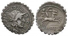 Roman Republic, L. Pomponius Cn.f., Serrate Denarius, Narbo, 118 BC, 33.73g, 20mm. Helmeted head of Roma right / Gallic warrior (Bituitus?) driving ga...