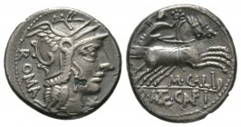 Roman Republic, M. Calidius, Q. Metellus and Cn. Fulvius, Fourre Denarius, Rome, 117-116 BC, 3.30g, 18mm. Helmeted head of Roma right / Victory drivin...