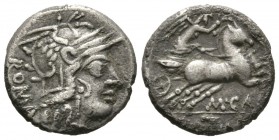 Roman Republic, M. Calidius, Q. Metellus and Cn. Fulvius, Fourre Denarius, Rome, 117-116 BC, 3.42g, 17mm. Helmeted head of Roma right / Victory drivin...