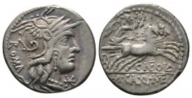 Roman Republic, M. Calidius, Q. Metellus and Cn. Fulvius, Denarius, Rome, 117-116 BC, 3.82g, 19mm. Helmeted head of Roma right / Victory driving gallo...