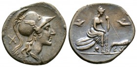 Roman Republic, Anonymous, Denarius, Rome, 115-114 BC, 3.87g, 20mm. Helmeted head of Roma right / Roma seated right on pile of shields, holding spear;...